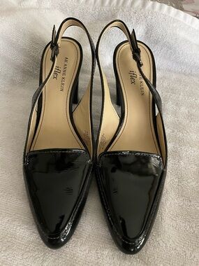Anne Klein Black Patent Pointed Toe Slingback Mules